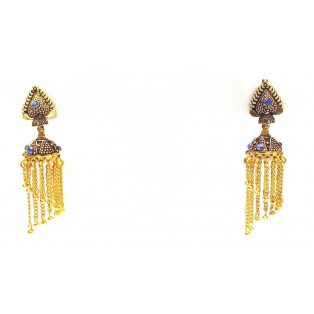 Golden Oxidized Earring Jhumka - Push Back Dangle Long Drop Chandelier - Blue